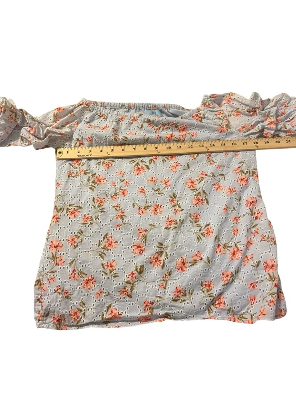 Boho Floral Eyelet Prairie Off Shoulder Top Ruffle Sleeve CottageCore Blouse S - Picture 5 of 7